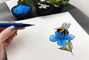 Small minimalist tattoo for forearm of a blue Hydrangea and a very small bee. tattoo idea