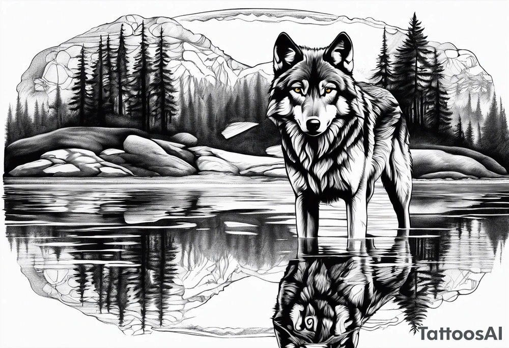 adult wolf standing alone at edge of water seeing himself as a pup in his reflection tattoo idea