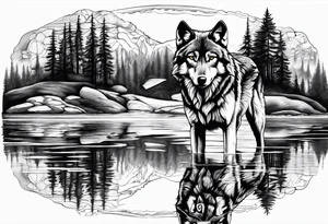 adult wolf standing alone at edge of water seeing himself as a pup in his reflection tattoo idea