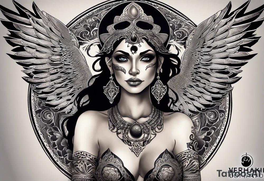 black kali, goddess pirate, alien, angel, pachamama, valkrye, warrior, flying, skull, lotus azul, wing, eagle, zenza resonance, stars, 5D, anahata chakra, death, durga, riding on a tiger, flying lady, kundalini, chest tatoo tattoo idea