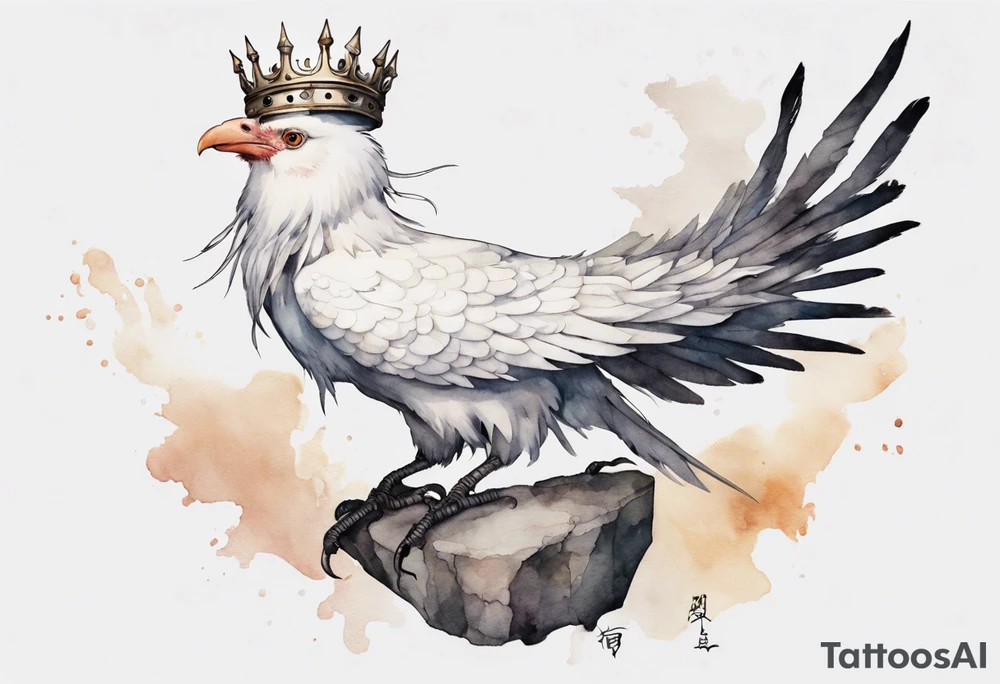 a white Cockatrice wearing a plain iron crown, perched on a stone tattoo idea