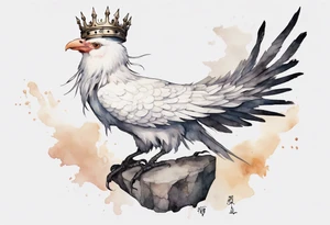 a white Cockatrice wearing a plain iron crown, perched on a stone tattoo idea