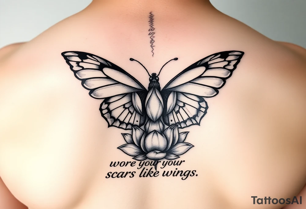 Spine tattoo that has a butterfly with cracked wings and lotus flower with quote that says she wore her scars like wings tattoo idea