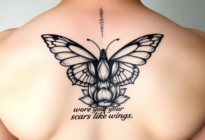 Spine tattoo that has a butterfly with cracked wings and lotus flower with quote that says she wore her scars like wings tattoo idea