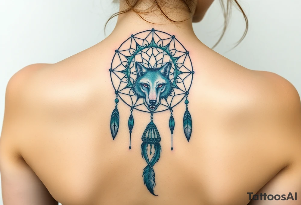 Dreamcatcher with zodiac symbols and protection runes caught in it with wolf teal tattoo idea