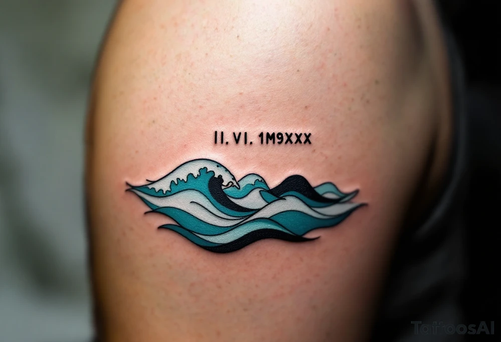 Fine-line II.VI.MMXX in dark ink on the inner bicep, with stylized waves in desaturated teal flowing beneath. tattoo idea