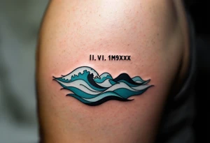 Fine-line II.VI.MMXX in dark ink on the inner bicep, with stylized waves in desaturated teal flowing beneath. tattoo idea