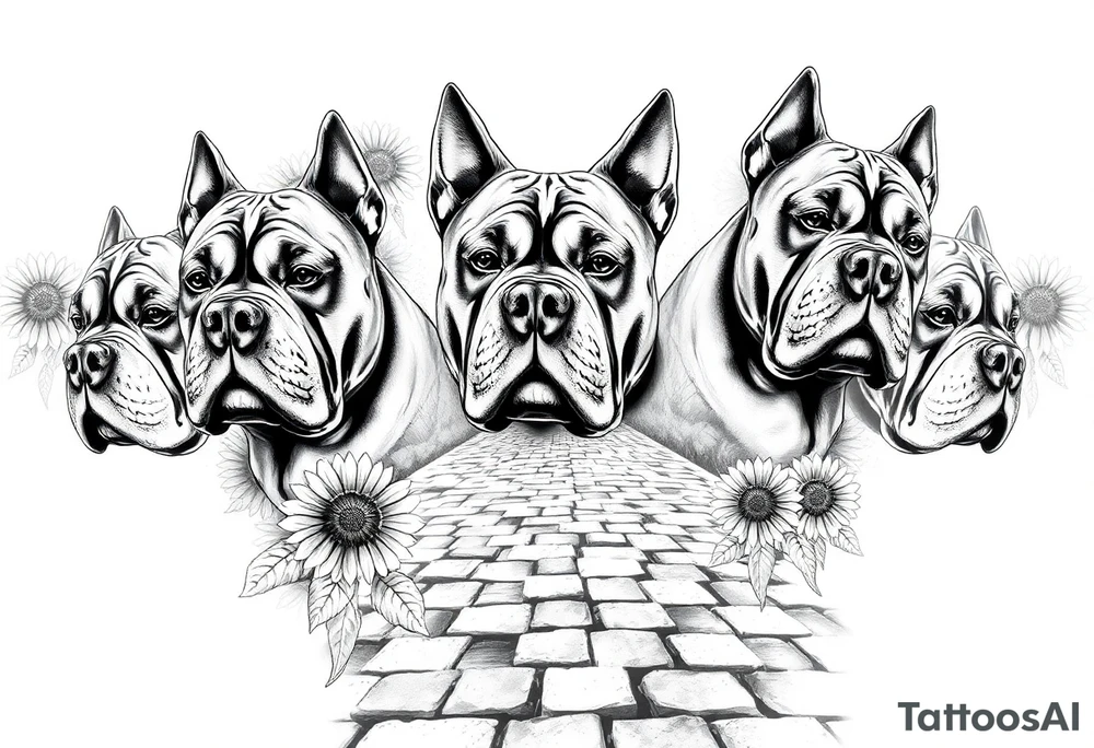 Multiple very thick muscled up pitbulls' portraits fading into the background as filler incorporate sunflowers, an old road made from pavers tattoo idea