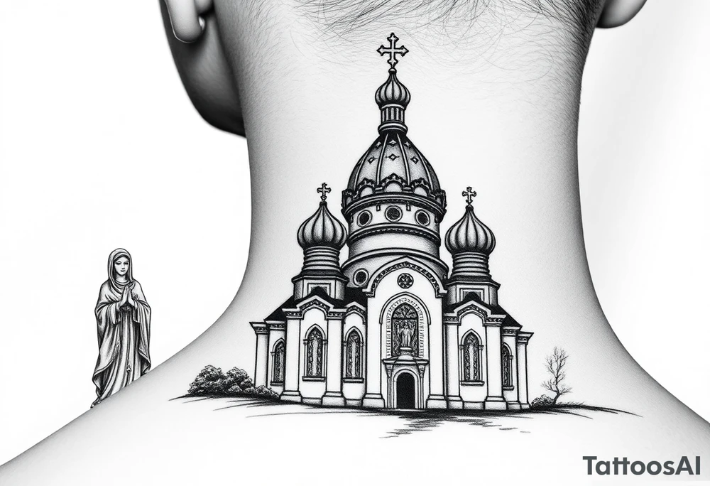 Russian orthodox church with bulb domes with a prominent russian orthodox style virgin mary stood outside to the left tattoo idea