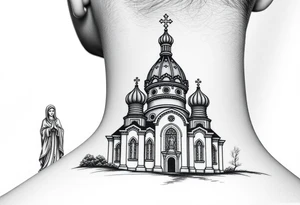 Russian orthodox church with bulb domes with a prominent russian orthodox style virgin mary stood outside to the left tattoo idea