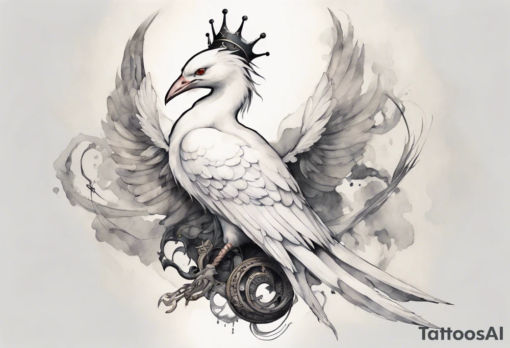 a watercolor of a white bird-serpent hybrid wearing an iron crown, flying tattoo idea