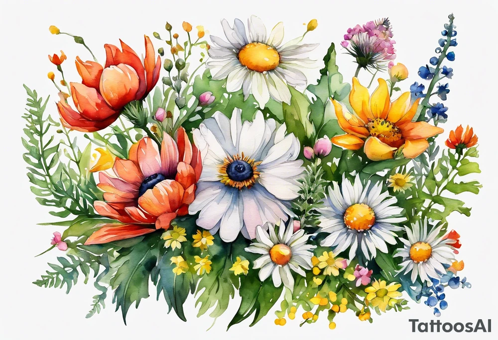 simple wildflowers cascading with thistles, ferns, white anemones, sun flowers, yellow flowers, red flowers, pink flowers, green flowers, buttercups, orange flowers, babys breath and daisies all in watercolor tattoo idea