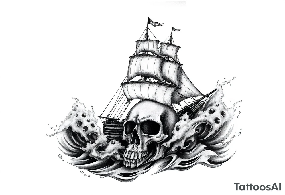Ultra-detailed tattoo design, hyper-realistic black and grey, ghostly pirate ship emerging from stormy waves, giant skull fading into the sea foam, dramatic lighting, high contrast shading, stencil-ready, full sleeve composition, no background clutter, smooth gradient transitions. tattoo idea