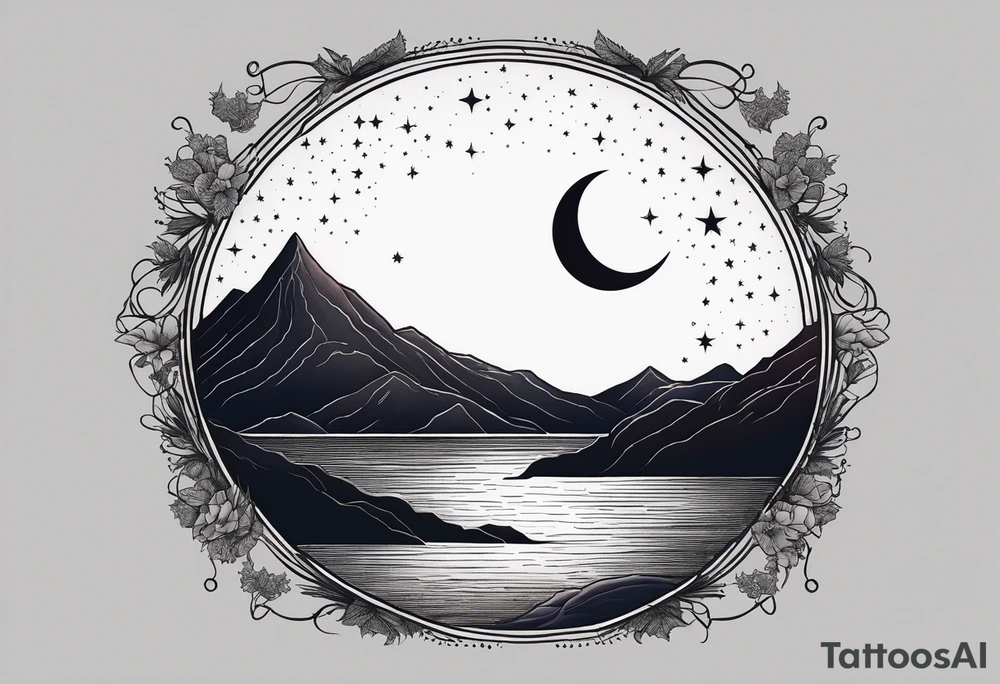 A crescent moon surrounded by the subtle glow of twilight, with faint stars in the background. The moon could have beams of light gently guiding the way forward, perhaps with a horizon line at the bottom. tattoo idea