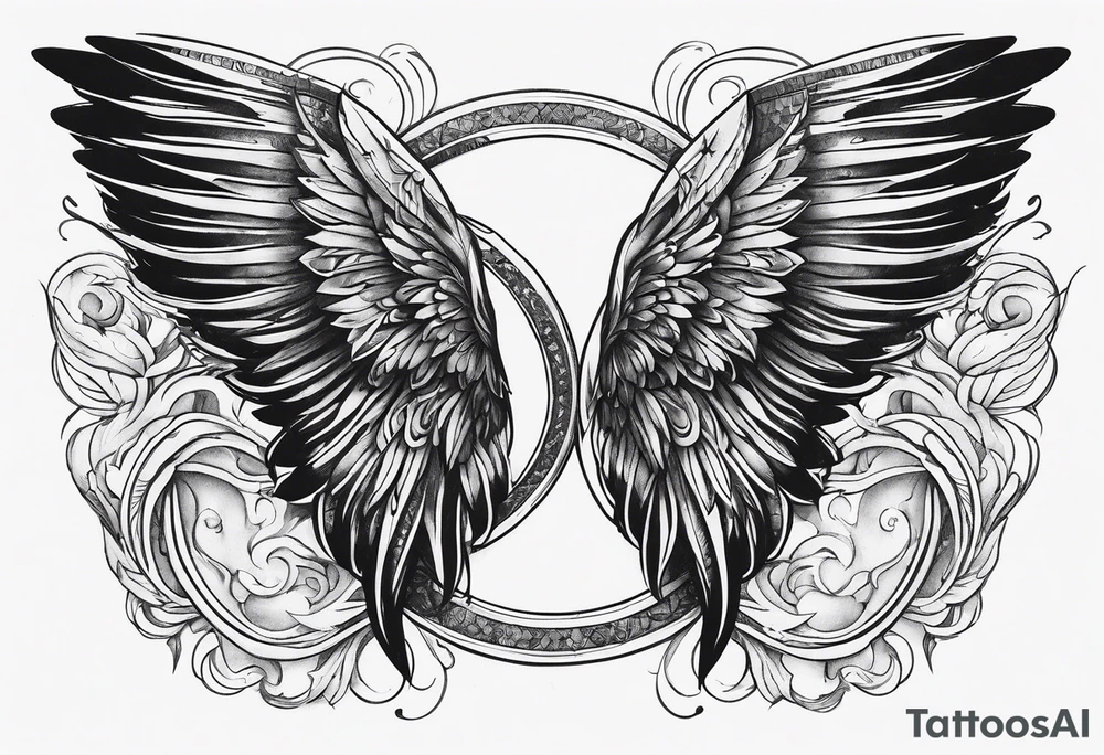 Infinity sign dates 01/59-02/16 and angle wings in the background tattoo idea Infinity sign dates 01/59-02/16 and angle wings in the background tattoo idea