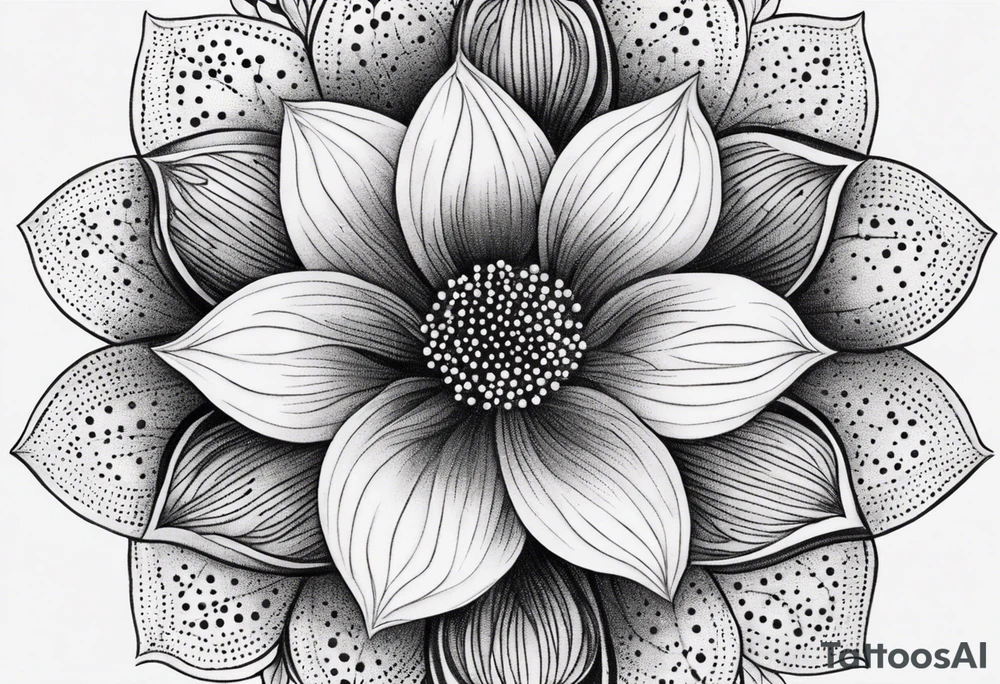 Design a minimalist floral tattoo featuring a single, graceful flower with intricate petal details in black ink tattoo idea