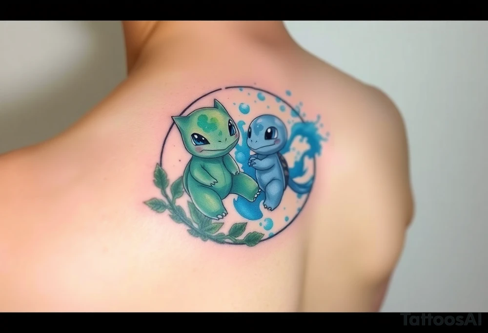 A yin-and-yang watercolor tattoo featuring Bulbasaur and Squirtle in their natural habitats. Bulbasaur forms the yin side, nestled in a lush forest environment with soft green watercolor washes, leaves, vines, moss, and gentle earthy textures. Squirtle forms the yang side, flowing through water with dynamic blue watercolor splashes, waves, bubbles, and light reflections. Their bodies curve together to complete the circular yin-yang symbol. The style is soft watercolor with subtle ink outlines, fluid motion, balanced contrast between earth and water, minimal background, and a harmonious, serene energy. tattoo idea