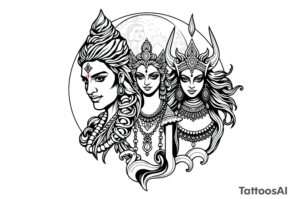 Lord Shiva, Godess Kali, Godess Lilith with the moon phases in the background tattoo idea