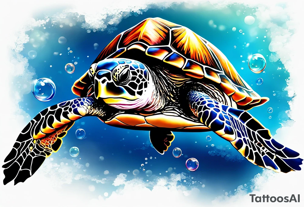 large sea turtle with its head on the right side of the image pieces of corral around it and bubbles, exclude a blue background and add a colorful jellyfish with long flowing tentacles next to the sea turtle tattoo idea