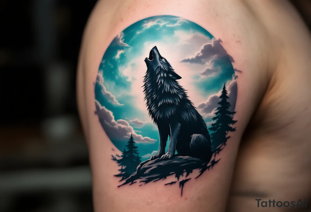 Howling werewolf silhouette against a cloudy teal and gray moon, in a dark fantasy style. tattoo idea