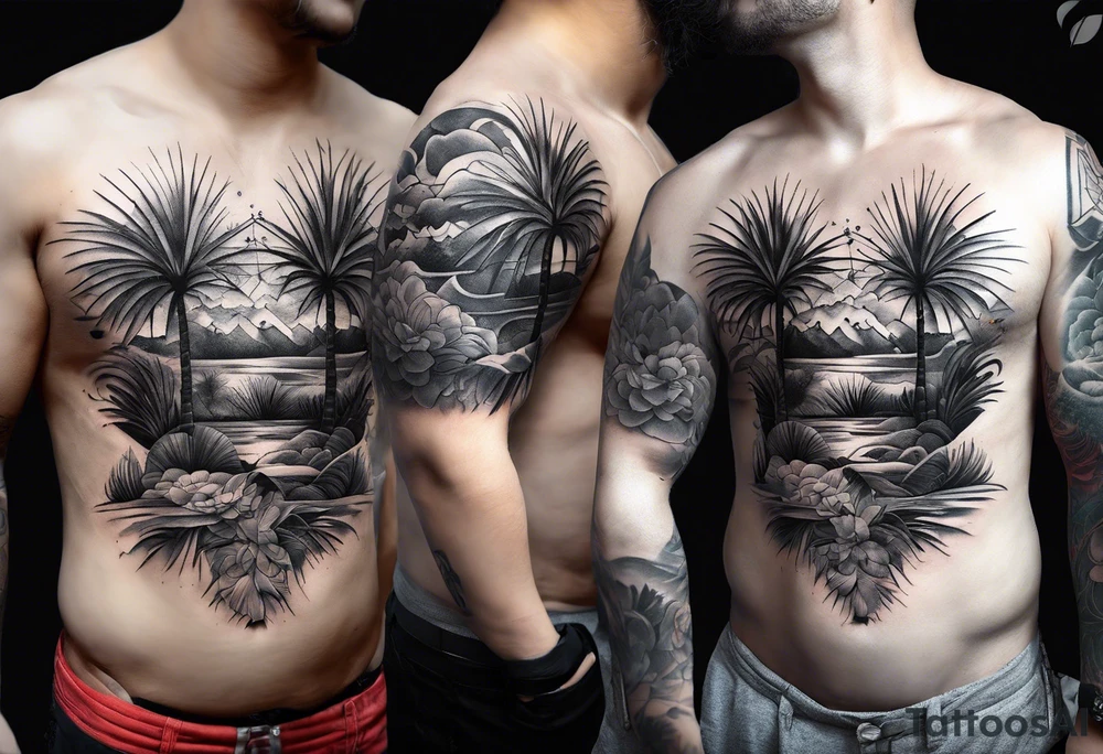 Two separate pieces about the size of a palm, one for day and one for night placed on each side of the chest on a man tattoo idea
