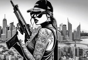 Woman wearing a ski mask holding a gun with graffiti as the background and a scenic view of Sydney city tattoo idea