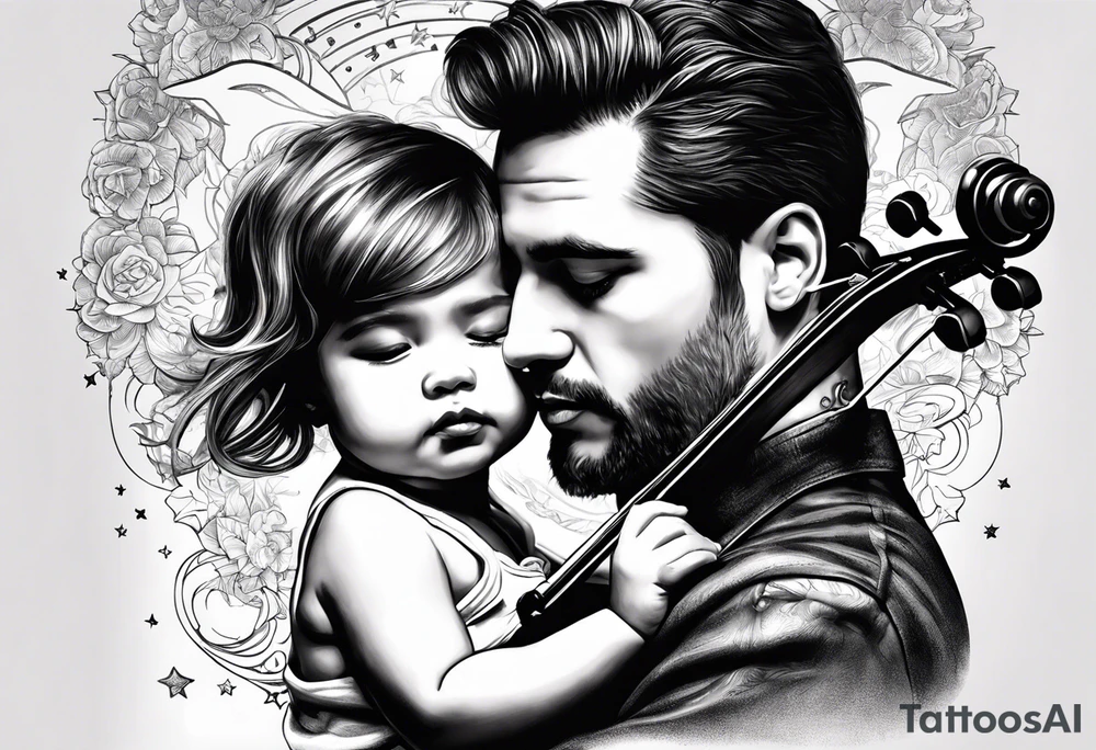 Si hay ángeles si hay violines, si hay estrellas baby ahi estaré.(quote)  Tattoo of father holding his daughter. (RIP) Daddy loved music tattoo idea