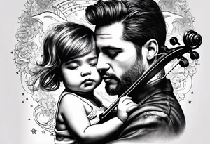 Si hay ángeles si hay violines, si hay estrellas baby ahi estaré.(quote)  Tattoo of father holding his daughter. (RIP) Daddy loved music tattoo idea