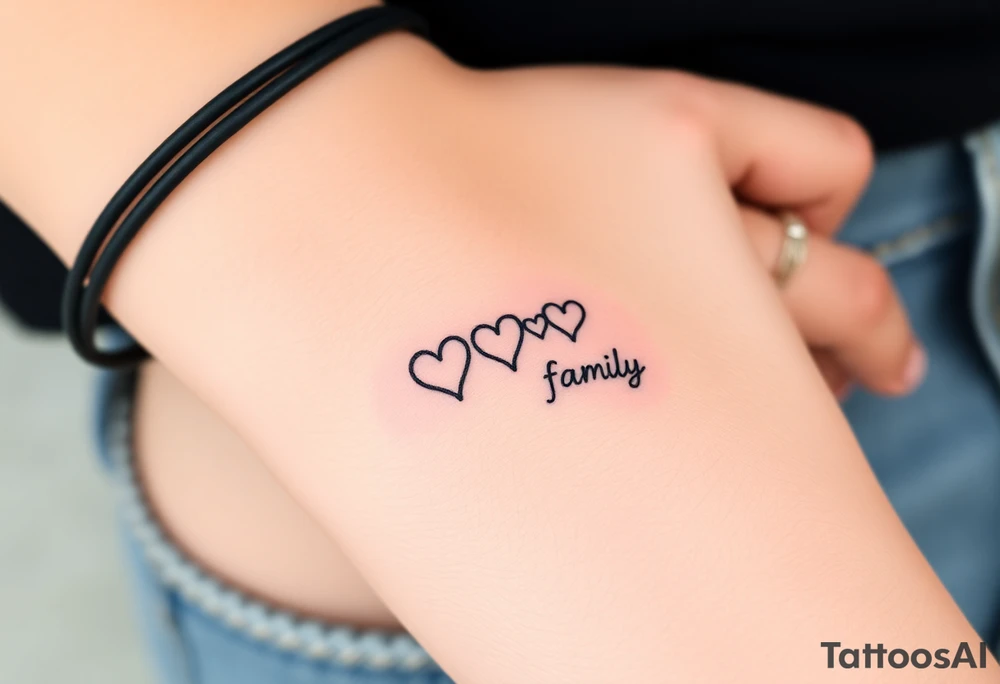 A minimalist infinity symbol with three hearts flowing above including word "family" tattoo idea