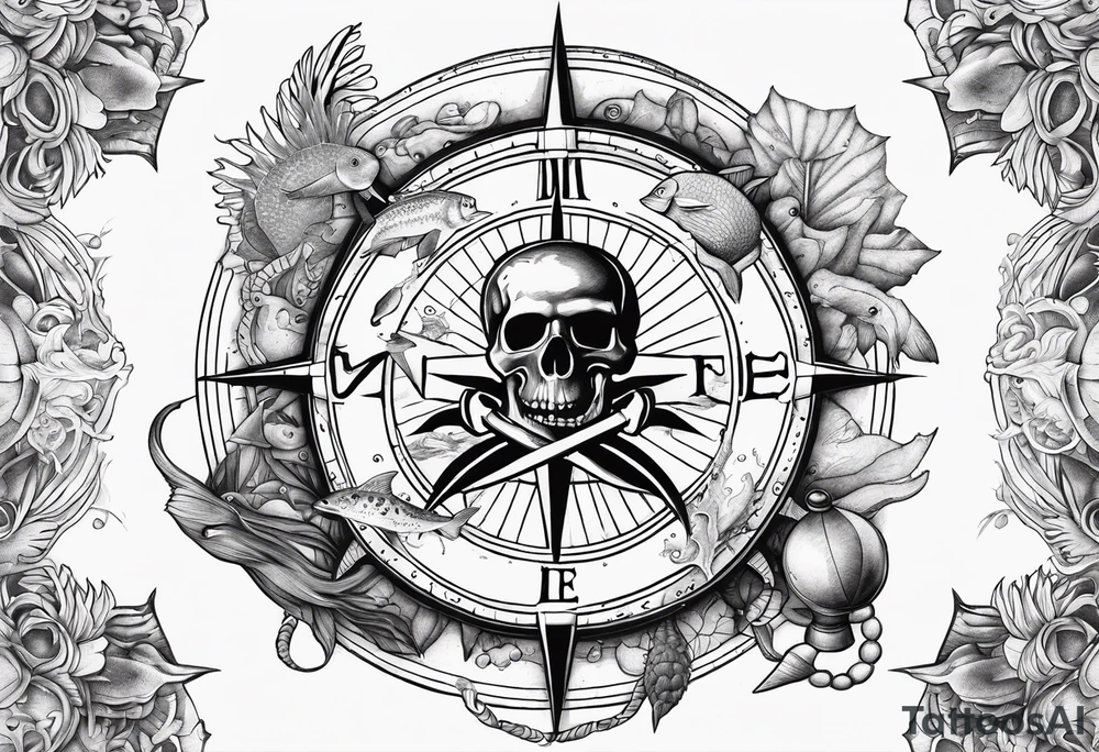 Pirate themed compass surrounded by marine animals tattoo idea