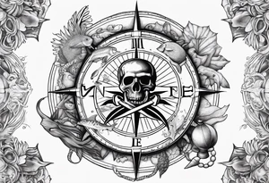 Pirate themed compass surrounded by marine animals tattoo idea
