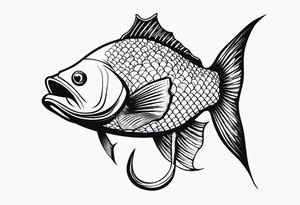 A Fish eating a small silhouette of a man on a hook tattoo idea