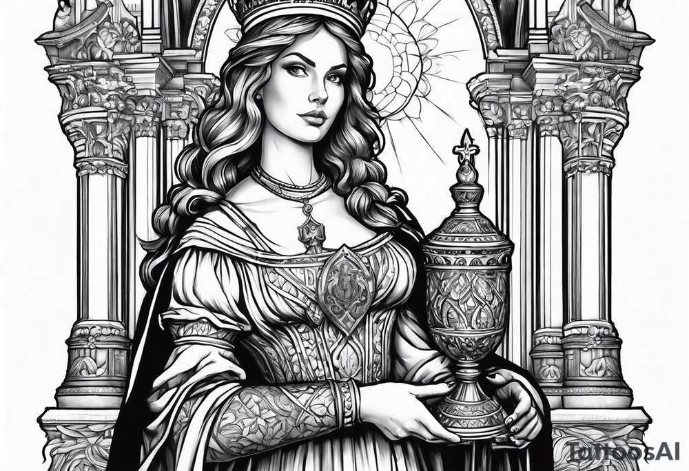 Saint Barbara holding a chalice with a tower beside her tattoo idea