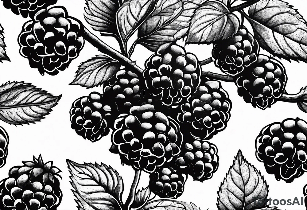 a single raspberry branch with lots of leaves that is hanging upside down with small raspberries on it tattoo idea