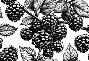 a single raspberry branch with lots of leaves that is hanging upside down with small raspberries on it tattoo idea