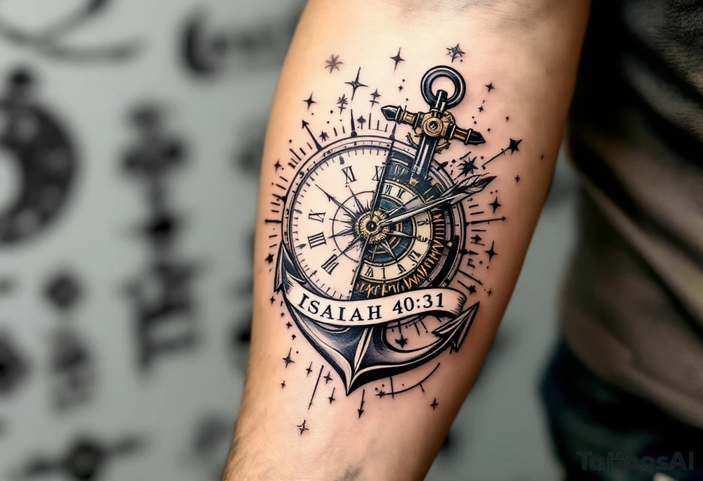 steampunk half compass half clock with a full-length arrow and anchor saying "Isaiah 40:31" tattoo idea