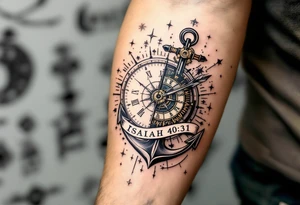 steampunk half compass half clock with a full-length arrow and anchor saying "Isaiah 40:31" tattoo idea