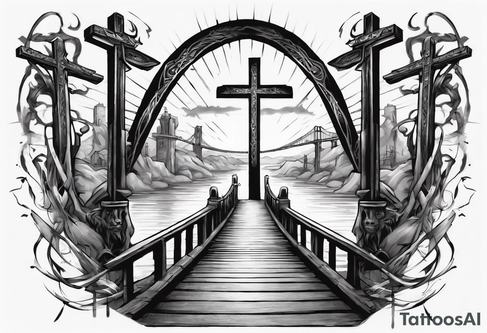 Inner bicep, stretched horizontally, bridge leading to a cross tattoo idea