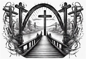 Inner bicep, stretched horizontally, bridge leading to a cross tattoo idea