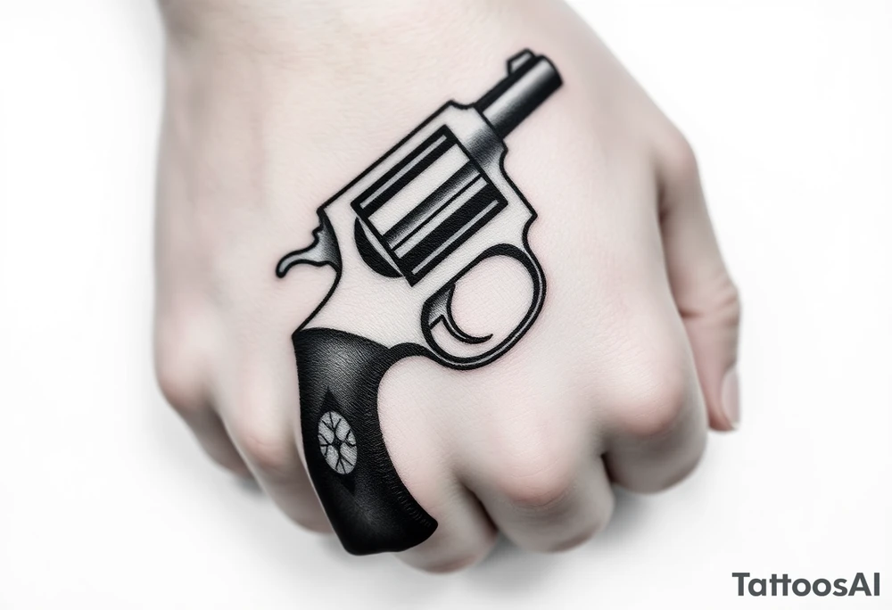 Actual size Revolver .45 caliber elegant but simple art work on gun. With fingers being the barrel and, butt of gun towards wrist. tattoo idea