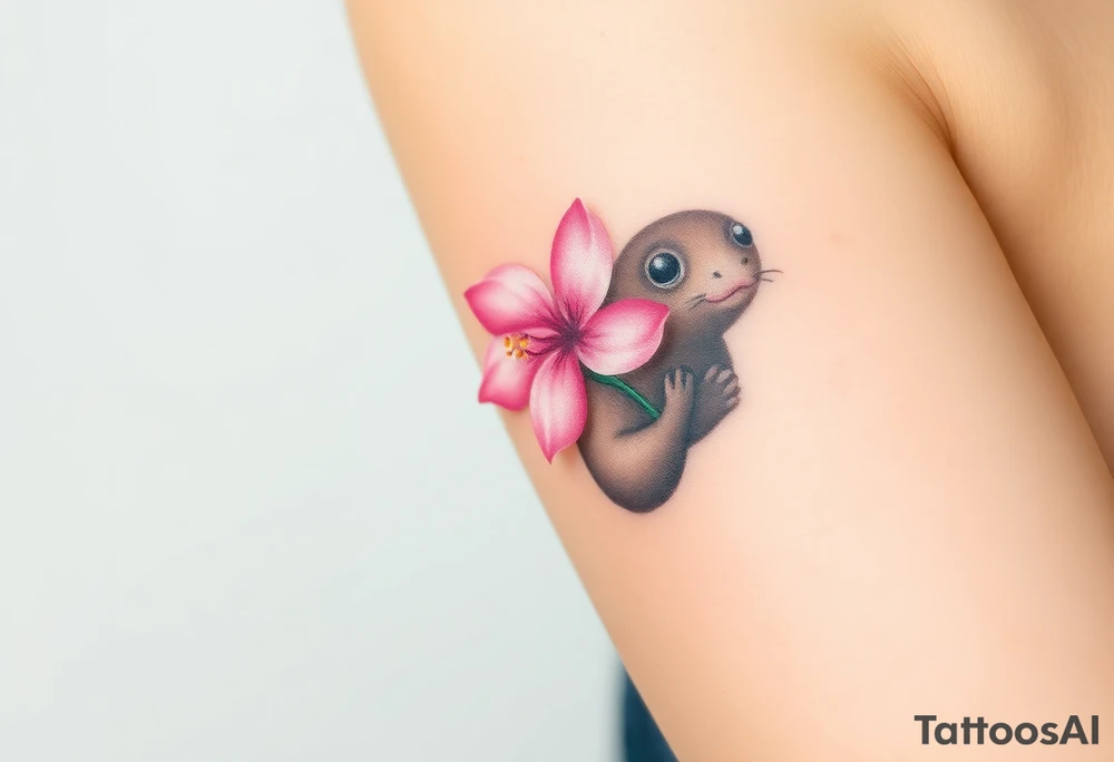 mole holding a delicate pink cherry blossom, with gentle pastel tones and a dreamy aesthetic tattoo idea