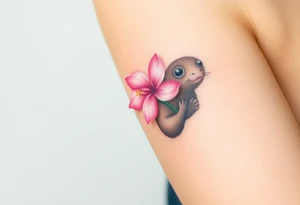 mole holding a delicate pink cherry blossom, with gentle pastel tones and a dreamy aesthetic tattoo idea