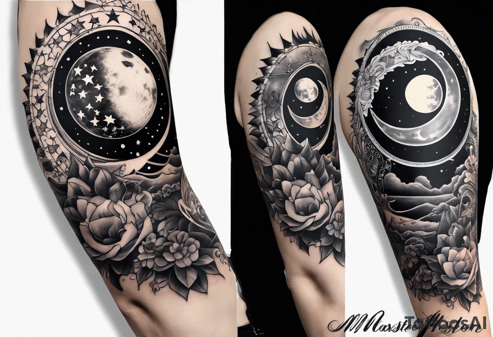 Collage for full left arm sleeve with:
a sun with a quarter moon,
2 stars
bass guitar,
caduceus symbol tattoo idea