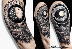 Collage for full left arm sleeve with:
a sun with a quarter moon, 
2 stars
bass guitar, 
caduceus symbol tattoo idea