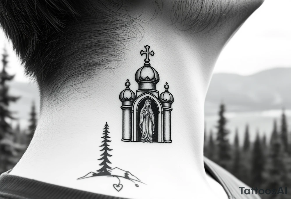russian coat arms traditional christian orthodox cross with a virgin mary stood in the entrance of a russian orthodox dome church on the side of the neck in a wilderness setting tattoo idea