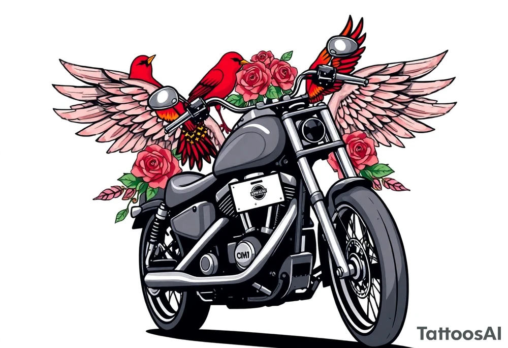 Harley grey motorcycle driving away, two red birds flying, roses, flames, angel wings tattoo idea