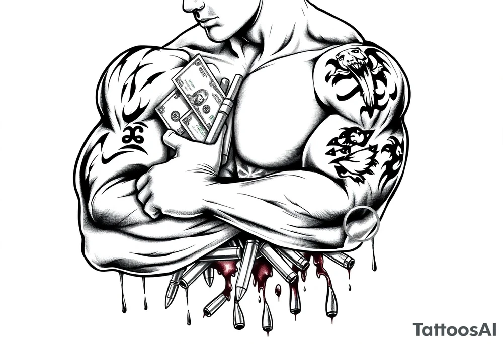 Gangster tattoo with money, bullets, and blood with room for text tattoo idea