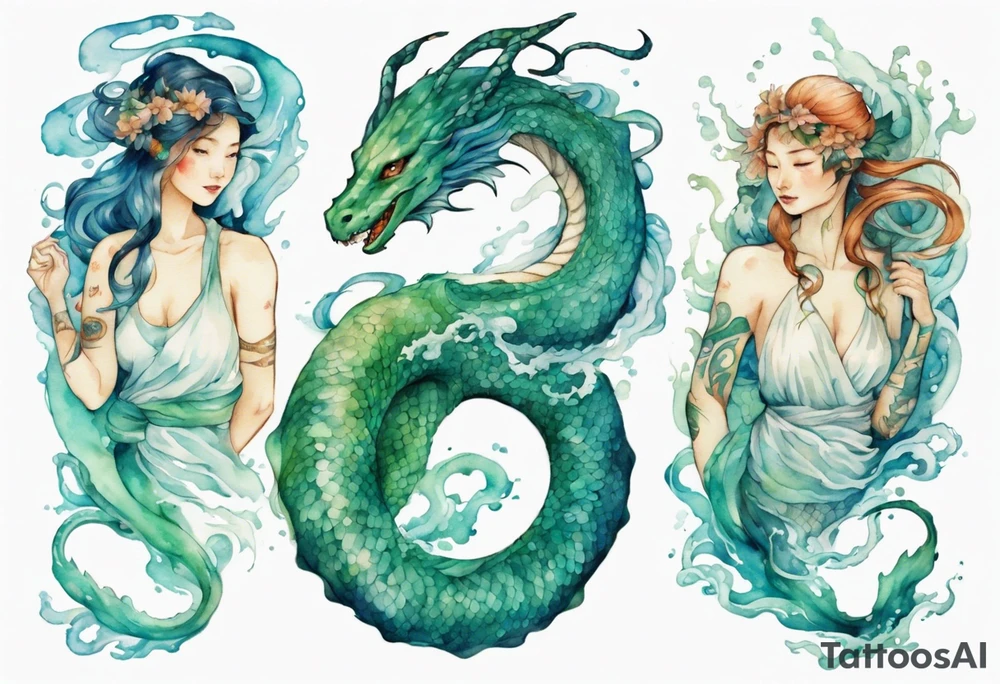 a sea serpent next to a blue-green naiad in a white tunic tattoo idea