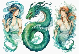 a sea serpent next to a blue-green naiad in a white tunic tattoo idea
