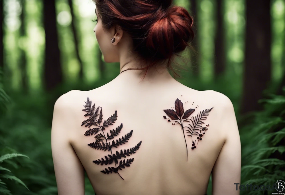 minimalistic forest floor inspired tattoo, which includes grass, curly ferns and dead leaves as the bulk of the tattoo. details to include: forest berries, couple of very small brown mushrooms, a tiny bumblebee flying nearby tattoo idea